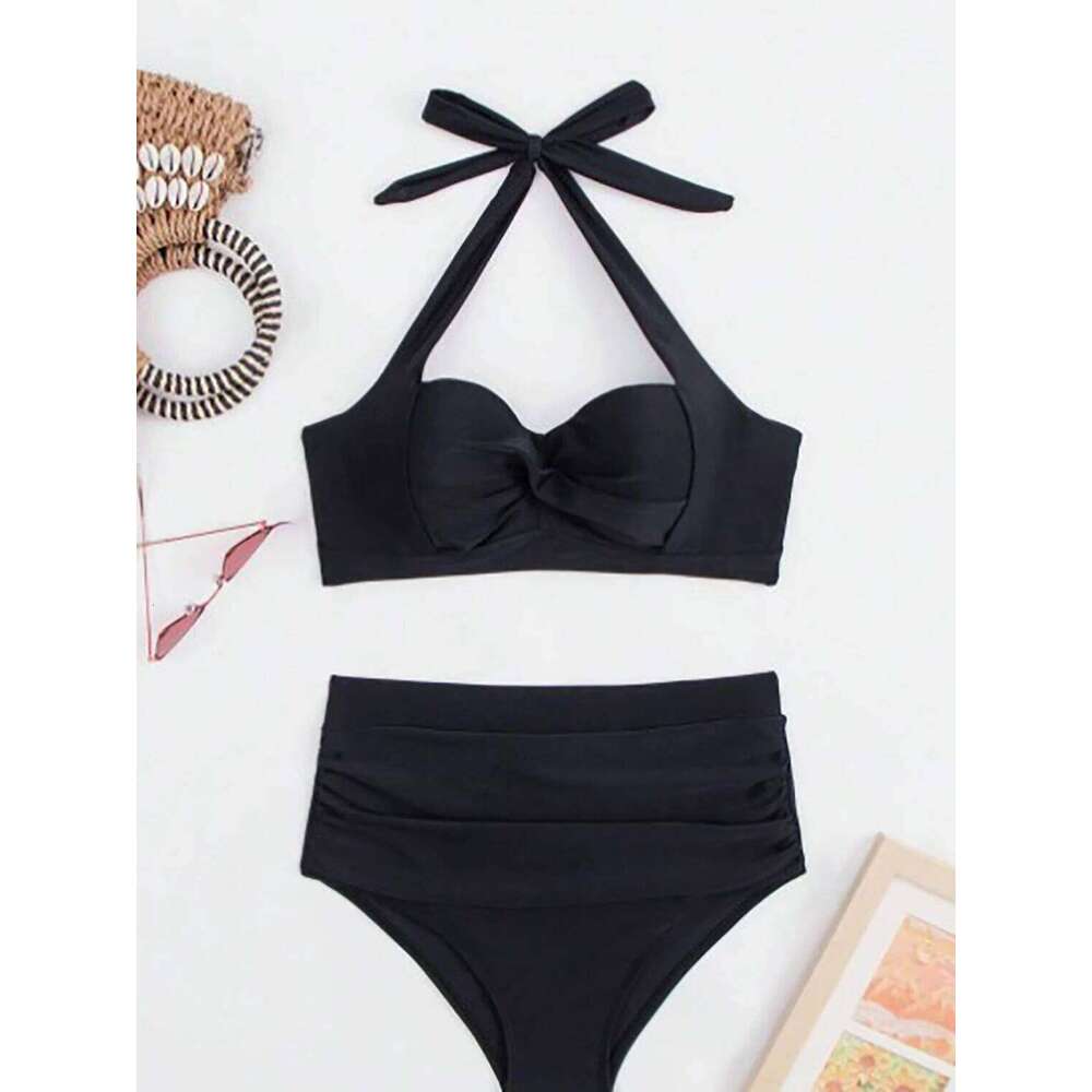 2025 European and American fashion hot selling hard bag gathered women's bikini solid color set, suitable for vacation, festival C260207