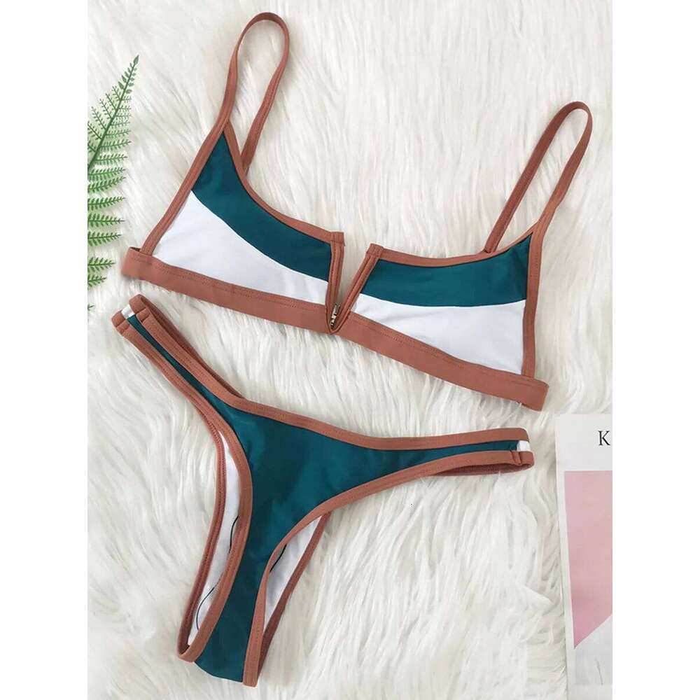 Splicing Denim V Shaped Thong Women Swimsuit Female Swimwear Two Pieces Bikini Set Bather Push Up Bathing Suit Swim Lady C260207