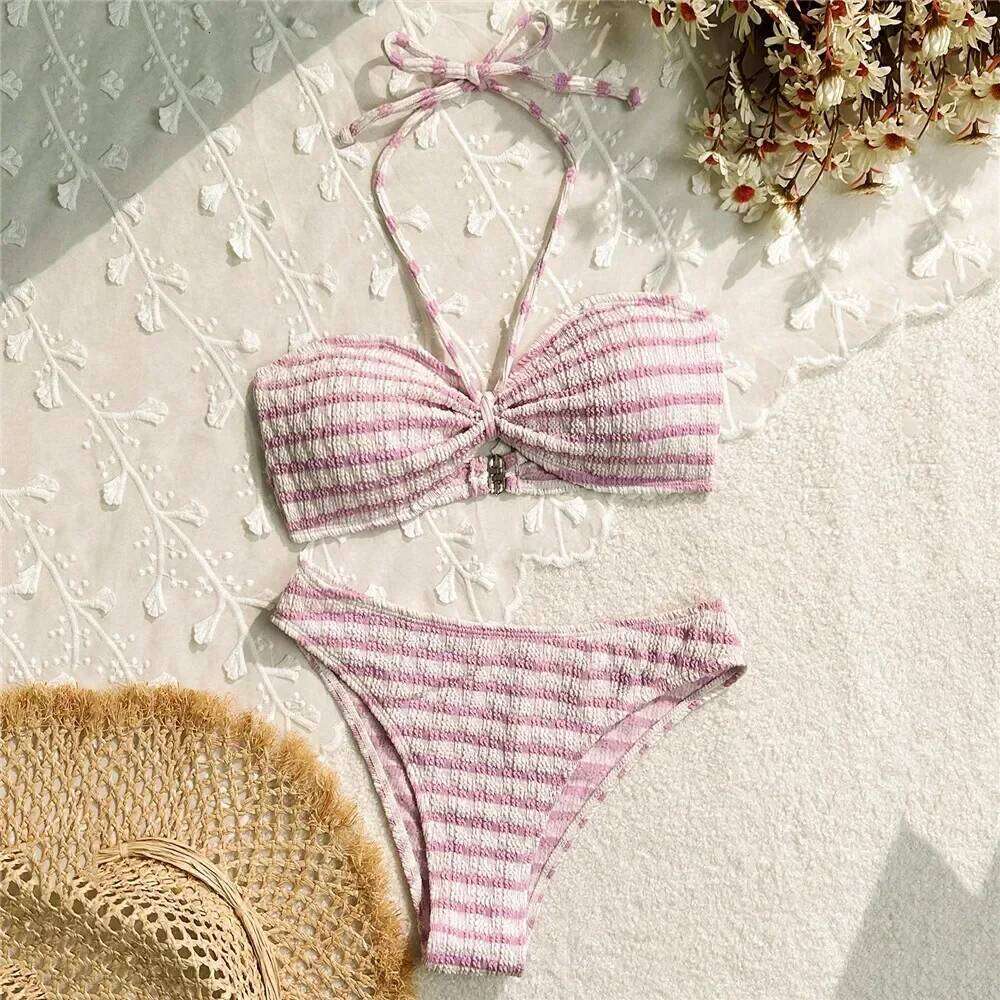 Striped Print String Halter Bandeau Bikinis Sets 2025 Sexy Swimsuit Women Ruched Swimwear Bathing Suit Brazilian Bikini Mujer C260207