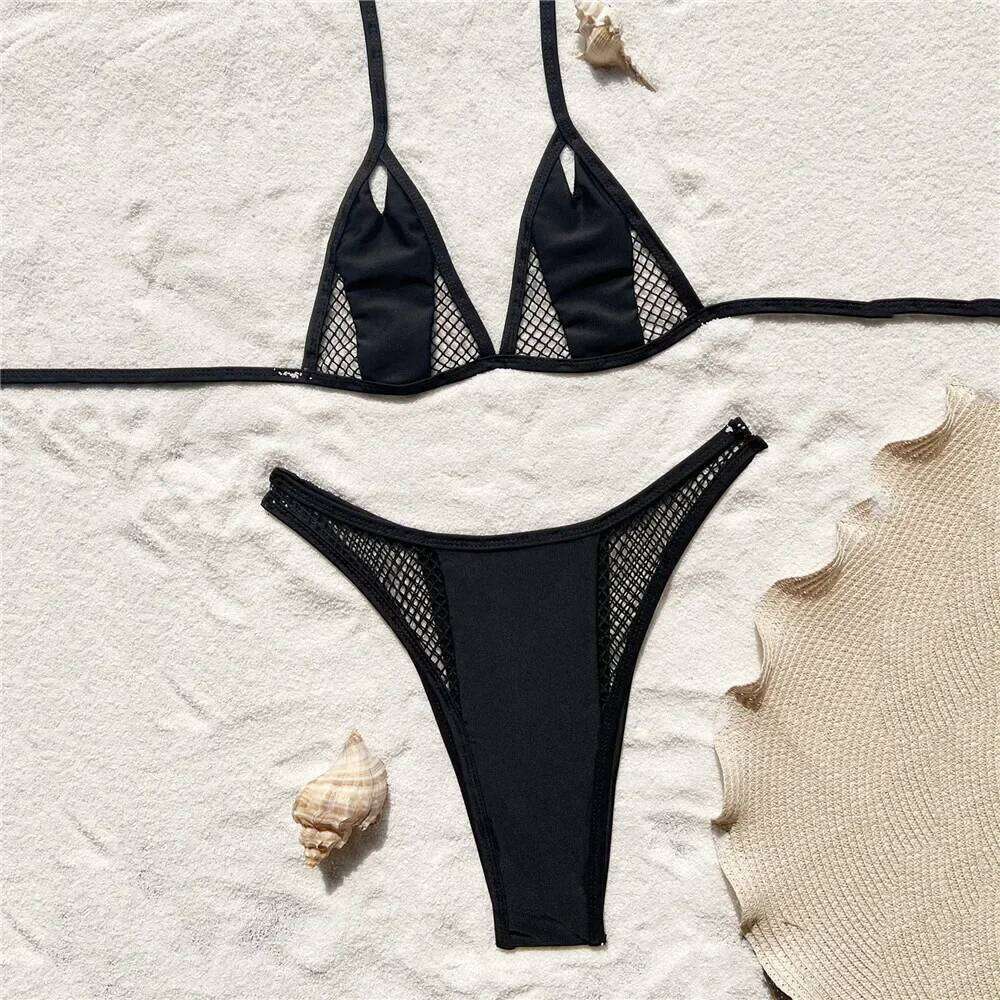 Black Mesh Patchwork Micro Bikini Thong String Halter Swimwear Mini Sexy Swimsuit Women 2025 Hollow Out Bathing Suit Bikinis Set C260207