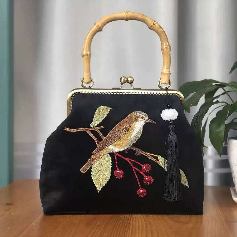 Embroidery Bird Fringe Wood Hand Vintage Fashion Tote Women's Handbags Purses Chain Women Shoulder Crossbody Bag Bags