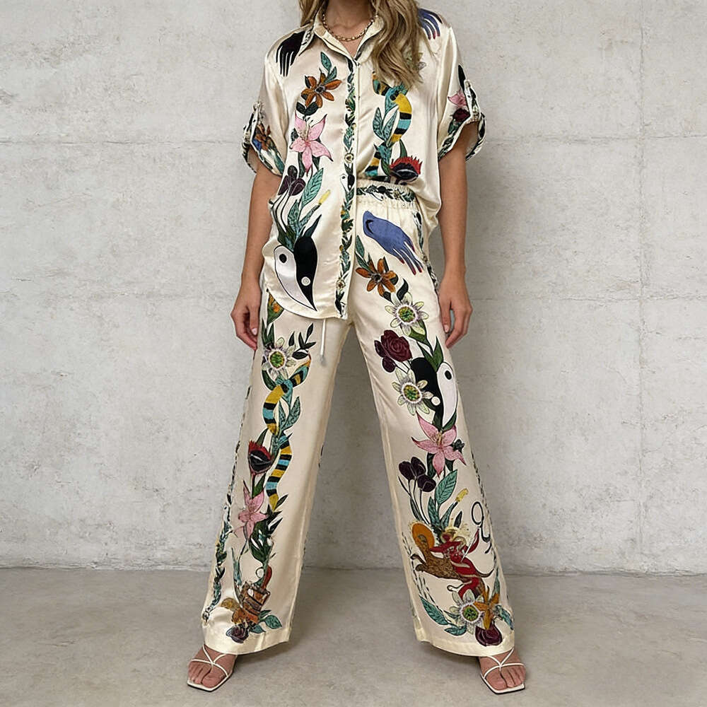 Spring Summer New Printed Cardigan Long Loose Fitting Light Luxury Two Piece Fashion Casual Suit European And American Cross Border Womens Clothing Lu