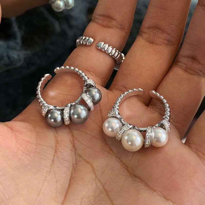 New French-style genuine gray pearl for women, Australian white, light luxury niche design, adjustable open ring