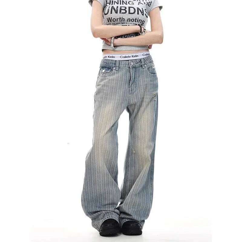 Y2K Baggy Striped Long Denim Jeans Loose High Street Micro Flared Cleanfit Casual Trousers For Womens