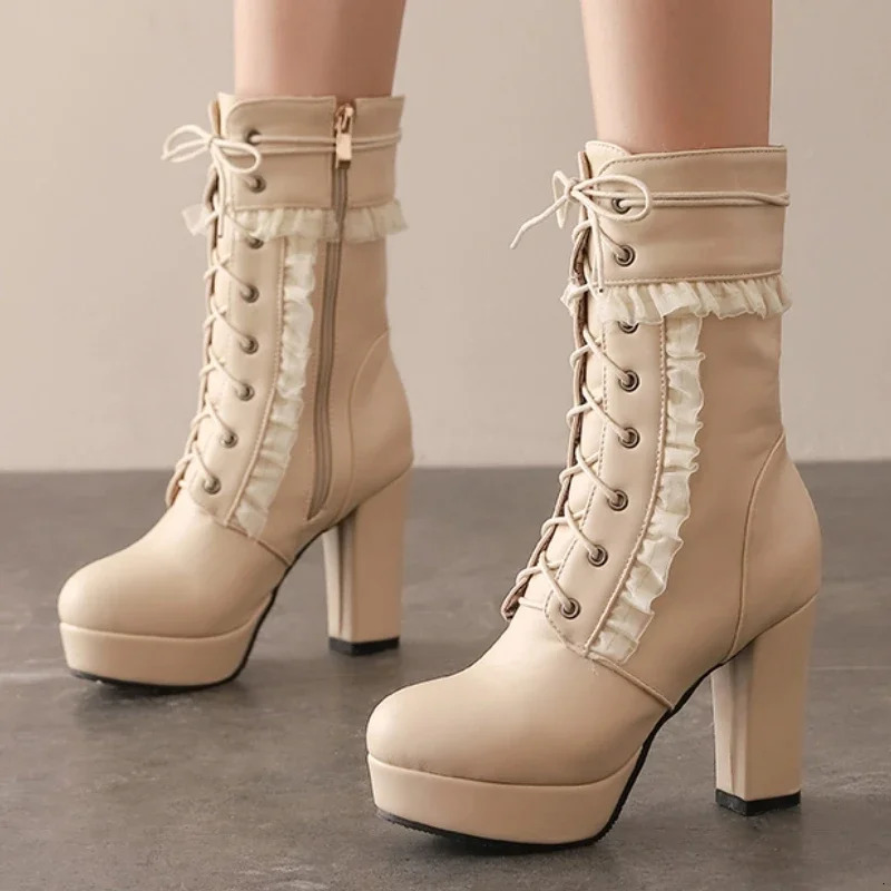 Short boots shoes 2025 Spring and Autumn Lolita thick heel waterproof platform high heels 260208