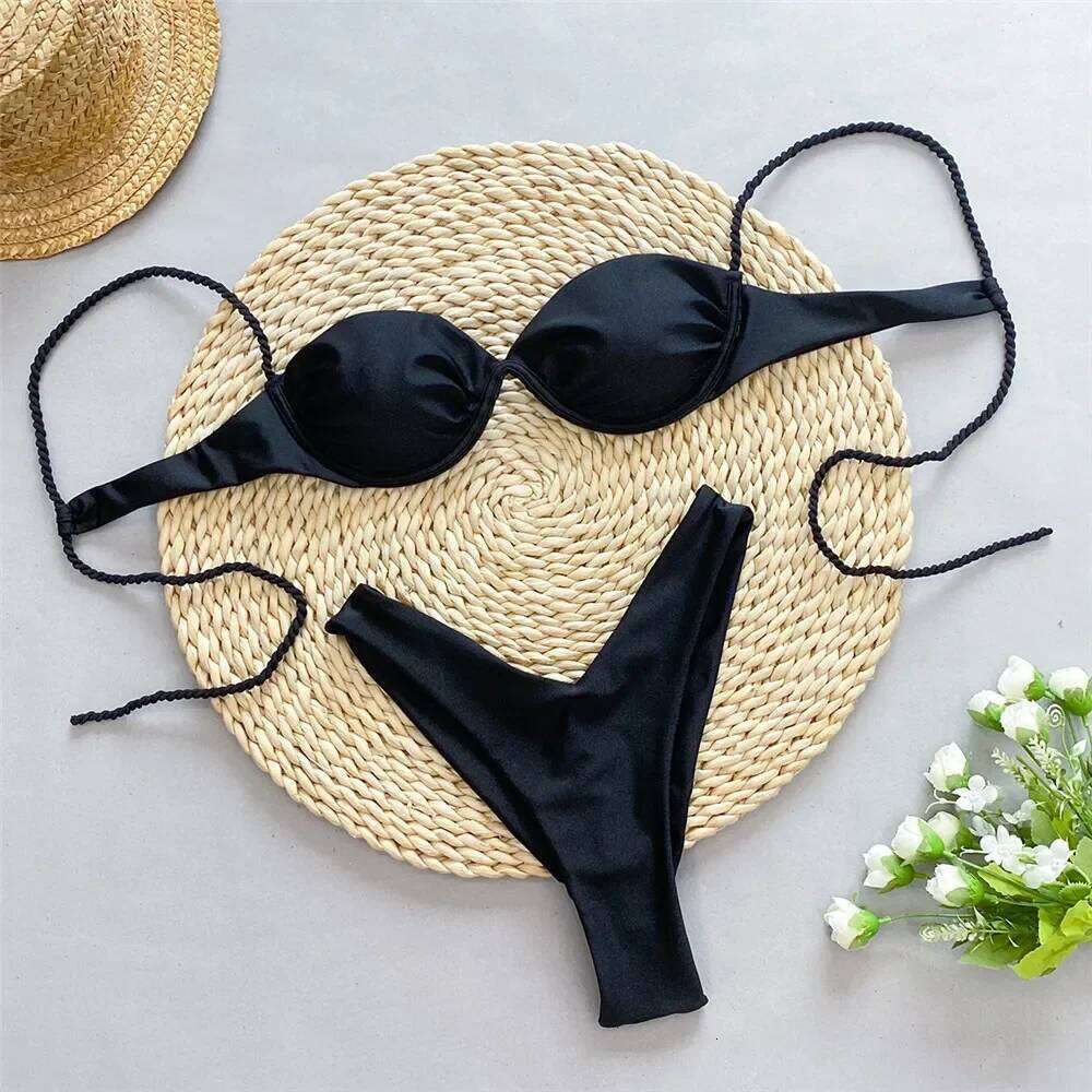 White Push Up Bikini 2025 Women Underwired Swimwear String Swimsuits High Led Cut Bathing Suit Wrinkled Sexy Bikinis Sets mujer C260207