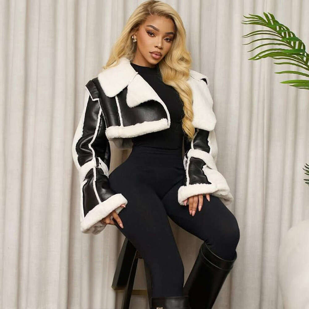 Cross-border European and American style autumn new women's fashion streetwear PU leather spliced fur collar cropped jacket