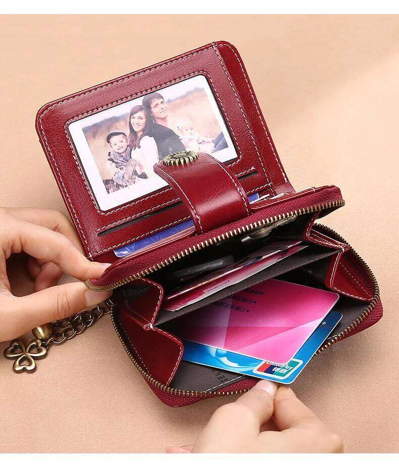 Genuine Leather Short Zipper Cowhide Wallets with Chain Cute Small Coin Purse Money Bag Wallet for Women Y260206