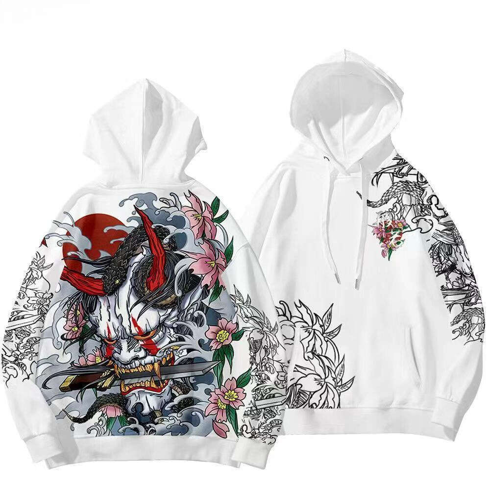 Trendy New Chinese-Style Hoodie With Hannaya Demon Print, Suitable Autumn And Winter, Featuring A Unique Design Inspired By Hundred Demons Of The Nigh