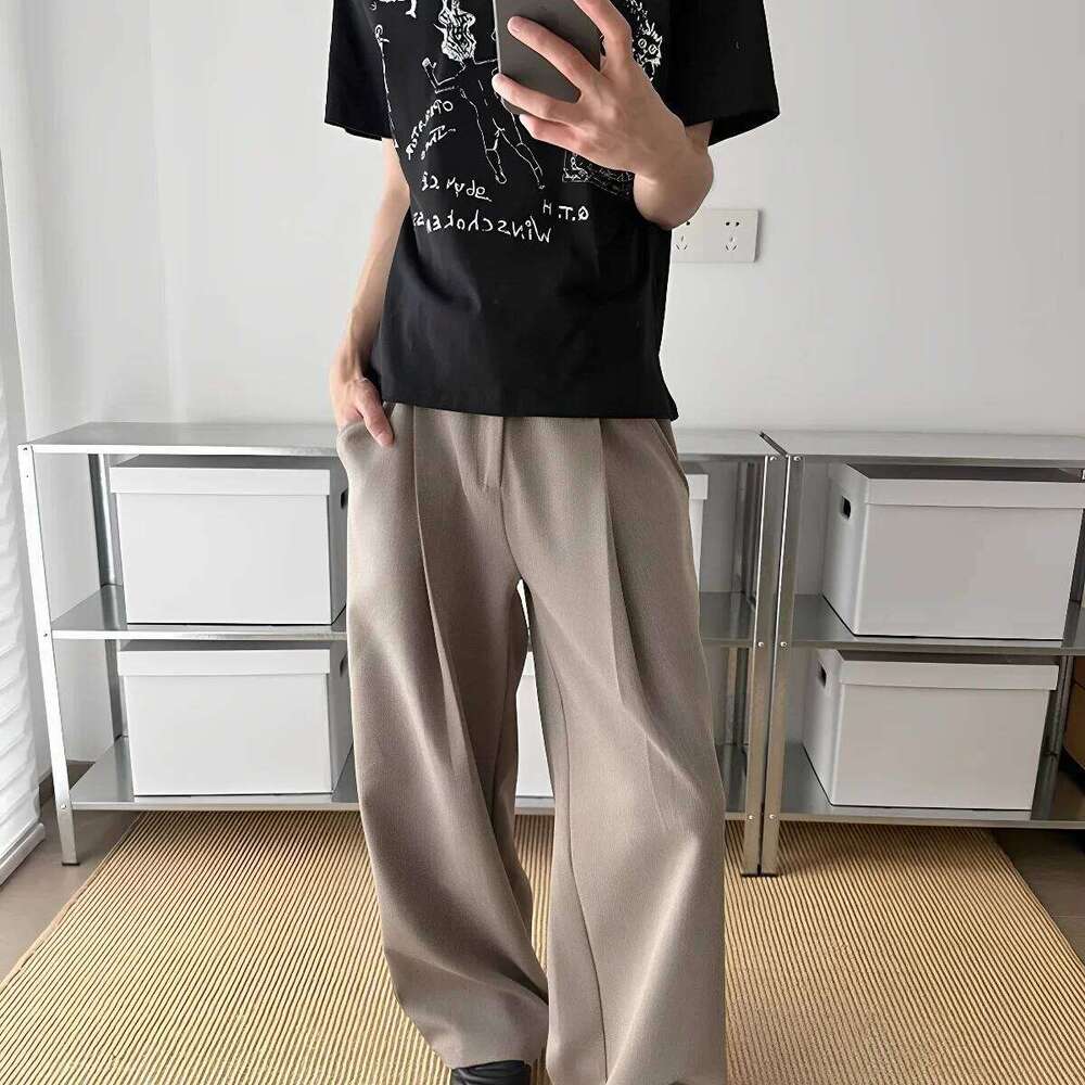 Retro Japanese Style Double Fold A- Line Straight Leg Pants Unisex Grey Draping Loose Fit Casual Trousers for Commuting