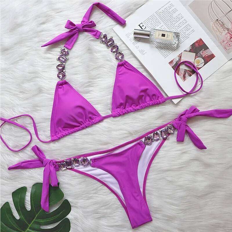 Red Rhinestones Sexy Bikinis 2026 Women Swimwear Female Swimsuit Swim Wear Bathing Suits Brazilian Bikini Set Beach Pool Bather C260207