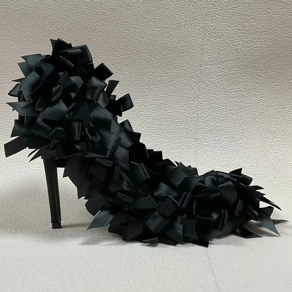 Black Satin ButterflyKnot Women Pumps 2026 Summer Fashion Shallow High Heels Pointed Toe Stiletto Heel Casual Sandals 260208