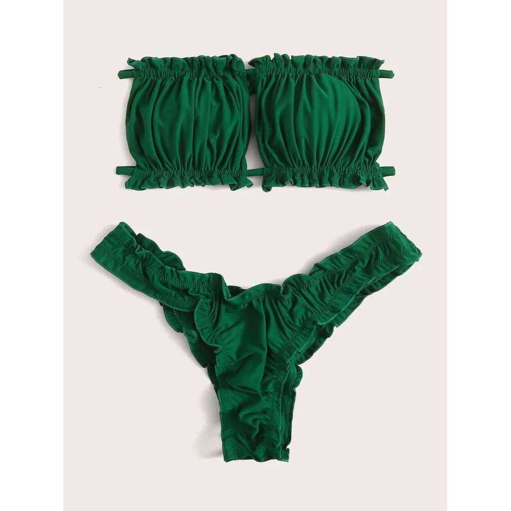Swim Summer Beach Ruched Lettuce Trim Bandeau Bikini Set C260207