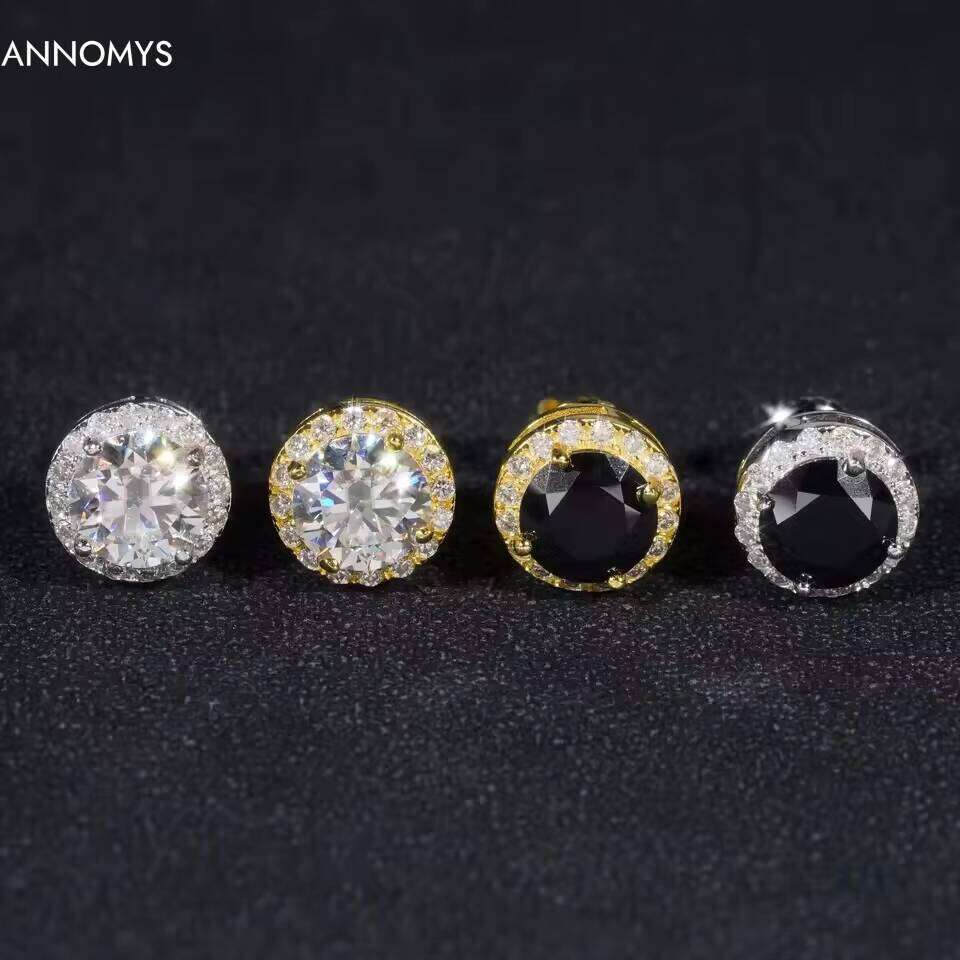 0.5Ct -1Ct Black Moissanite Earring Men Women Jewelry 925 Sterling Silver White Gold Plated VVS Male Halo Diamond Stud Earrings