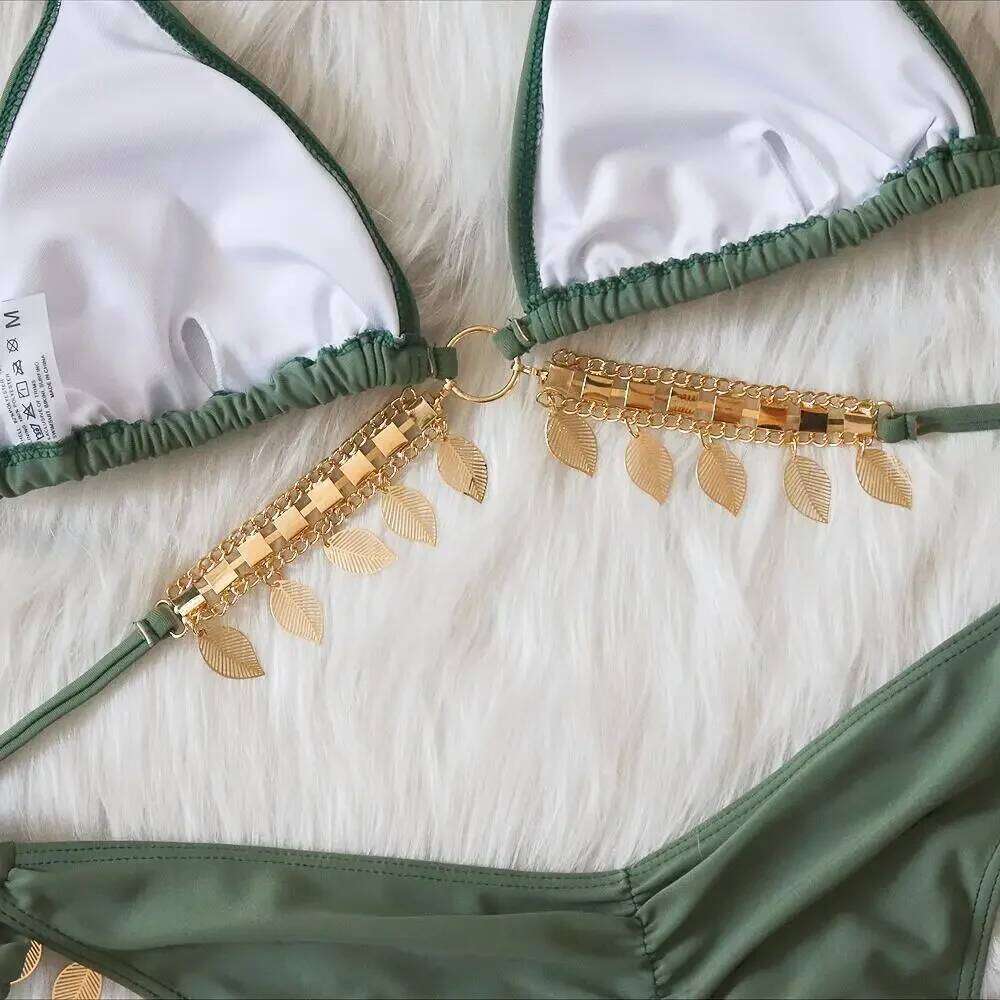 2025 Sexy Rhinestone Leaf Pendant Metal Chain Solid Swimwear Swimsuit Women Bikinis Set Bathing Suit Beach Bikini Female C260207