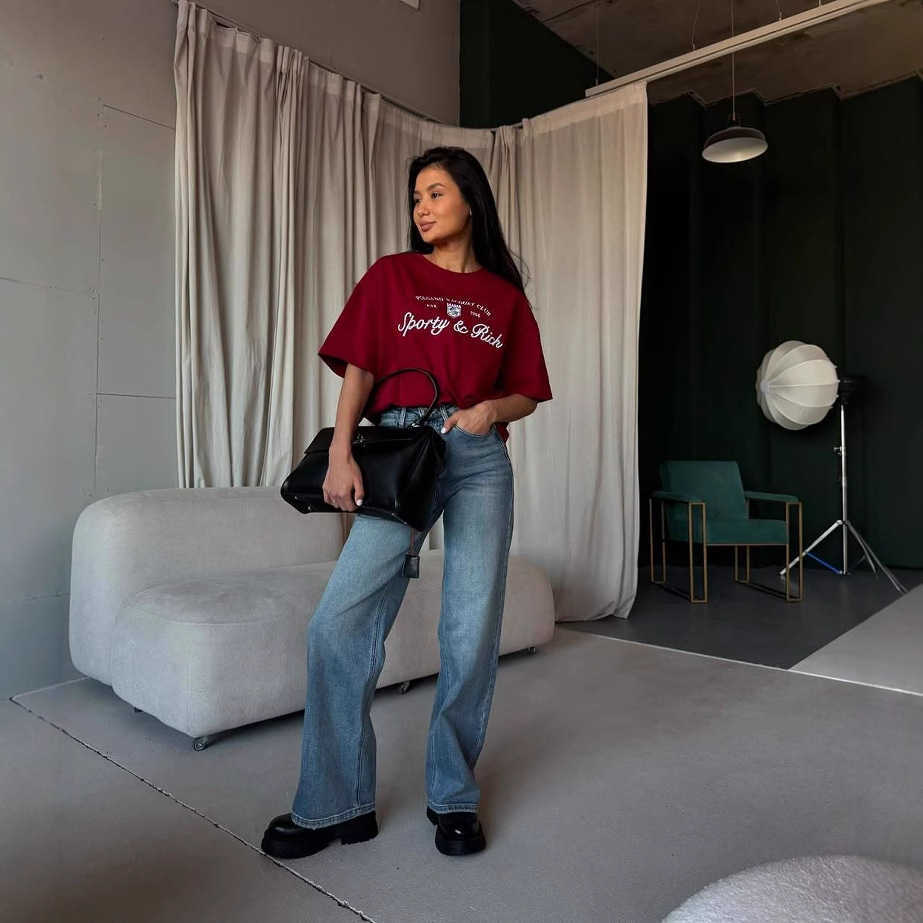 American-Style Basic Versatile Short-Sleeve T-Shirt for Women Summer Euro-American Style Versatile Letter Embroidery Contrast-Color T-Shirt Wholesale