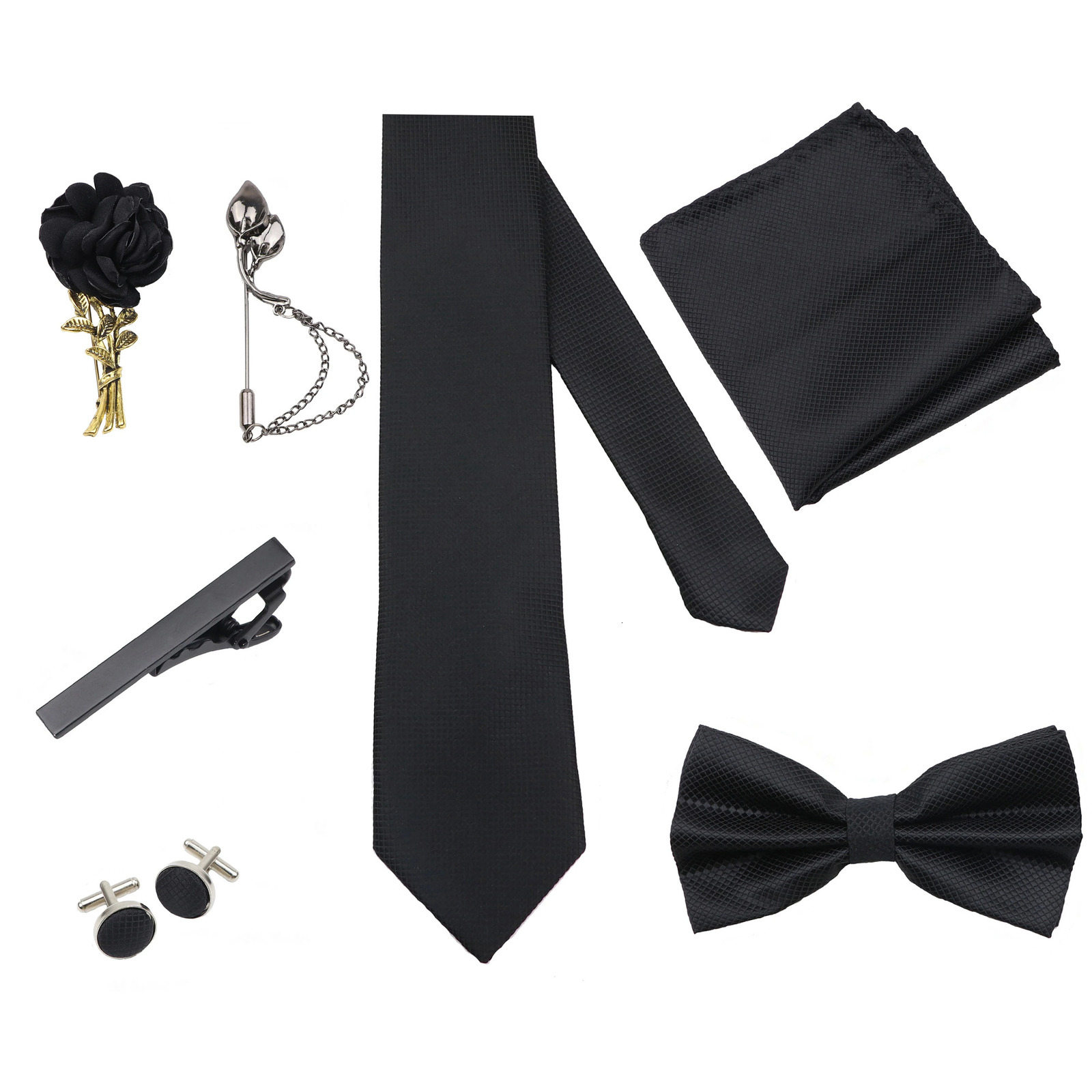Solid Color Mens Tie Bowtie Set Black Pink Red Blue Purpple Polyester Jacquard Woven Necktie Cufflinks Brooches Ties Gift 260130