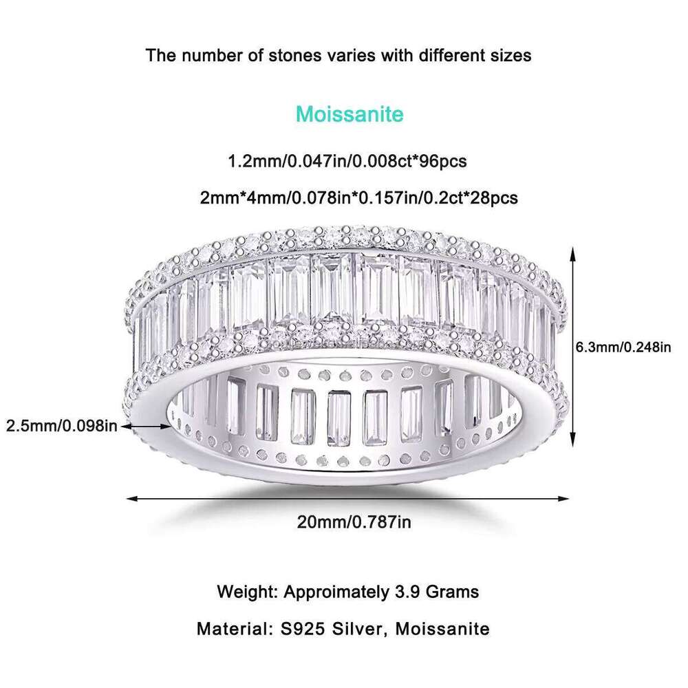 New Luxury Rectangular Baguette Moissanite Ring Full Eternity Design Hip Hop Style S925 Silver Rhodium Plated GRA Certified