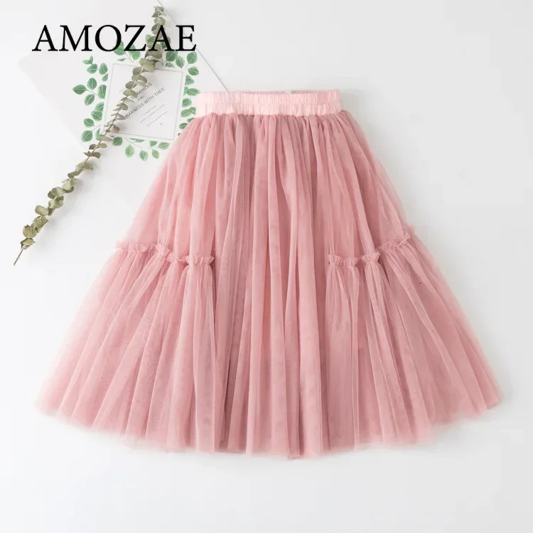 Girls Skirts Cotton Lace Tutu Pleated Skirt Black Pink Gray Puff Princess Long Childrens Clothing 4 6 8 10 12Y 260207