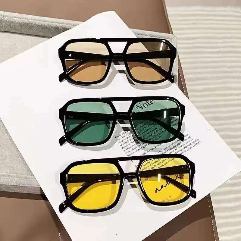Vintage Double Bridge Yellow Sunglasses Women Oversized Square Frame Luxury Shades Sun Glasses Female Pilot Eyewear Y260207
