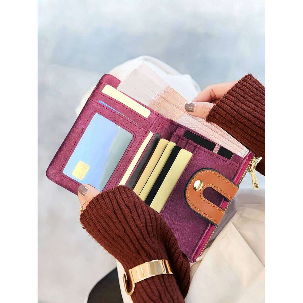 Fashion High Quality PULeather Short Double Fold Wallet ColorContrast Large Capacity Women's Credit Card Bag Y260206
