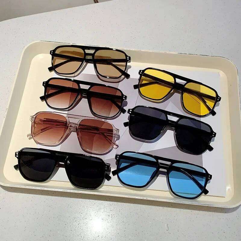 Vintage Double Bridges Men Square Sunglasses Fashion Clear Ocean Lens Eyewear Women Trending Rivets Sun UV400 Glasses Y260207