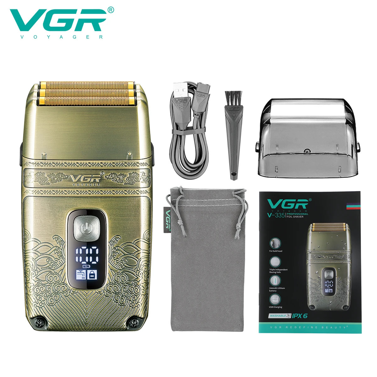 VGR Electric Shaver Professional Shaver Metal Beard Trimmer Blade Triple Foil Shaver for Bald Head LED Display V-335 260126