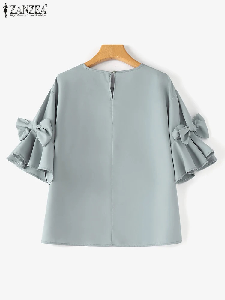 ZANZEA Vintage Bow Tie Patchwork Chiffon Blouse Women Korean Ruffles Shirt Autumn Elegant Lantern Short Sleeve Tops Tunic 260207