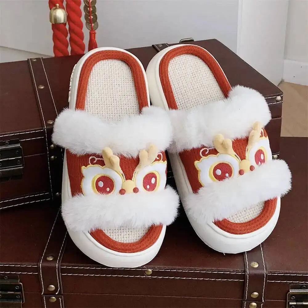 Home Slippers Chinese Trend Lion Dance Linen For Women FourSeason Stylish Anti Slip Thick Soled Cotton 260208