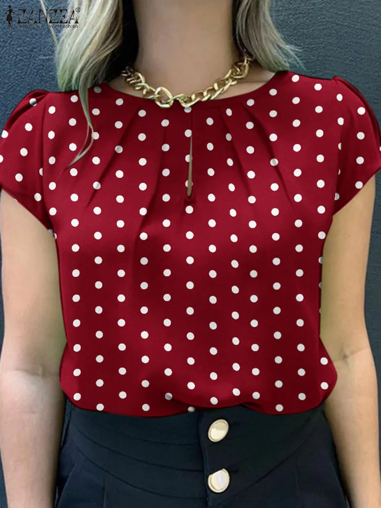 Summer Tunic Tops ZANZEA Women Short Sleeve Polka Dots Blouse Work Holiday Shirt Casual O Neck Blusas Female Chemise Mujer 260207