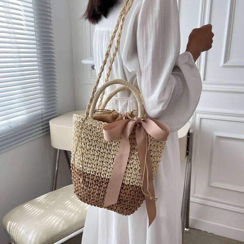 Bow Decors Bucket Shoulder Bags Handmade Straw Hollow out Summer Female Travel Beach Bag Purse Vintage Handbags Bolsa C260207