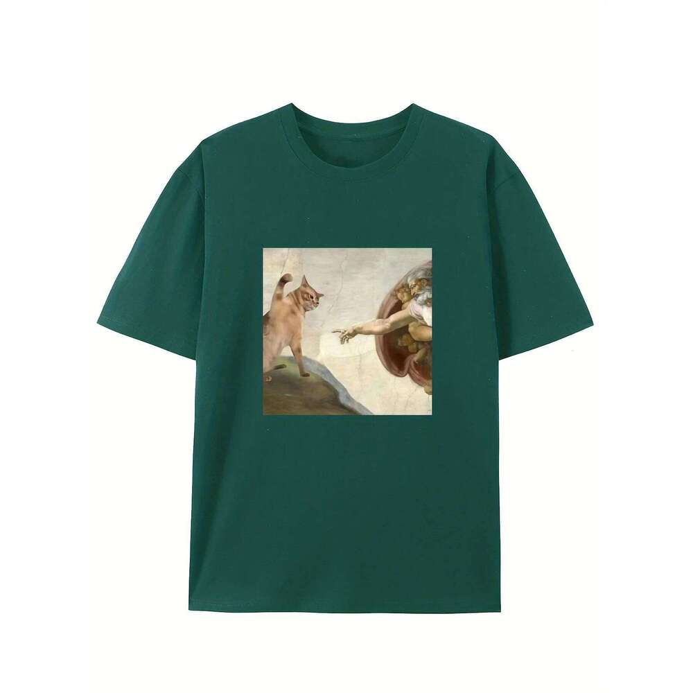 Humorous Cat and Adam Creation Parody Graphic T-Shirt Crew Neck Tee Fit Short Sleeve for Adult Summer Casual Fashion Top C260207