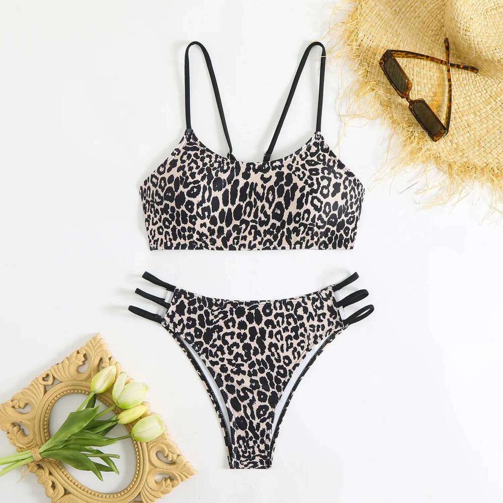 Alluring Backless Leopard Pushup Bikini Performance Split Ruched Two-Piece Sporty Adjustable Supportive Swimwear C260207