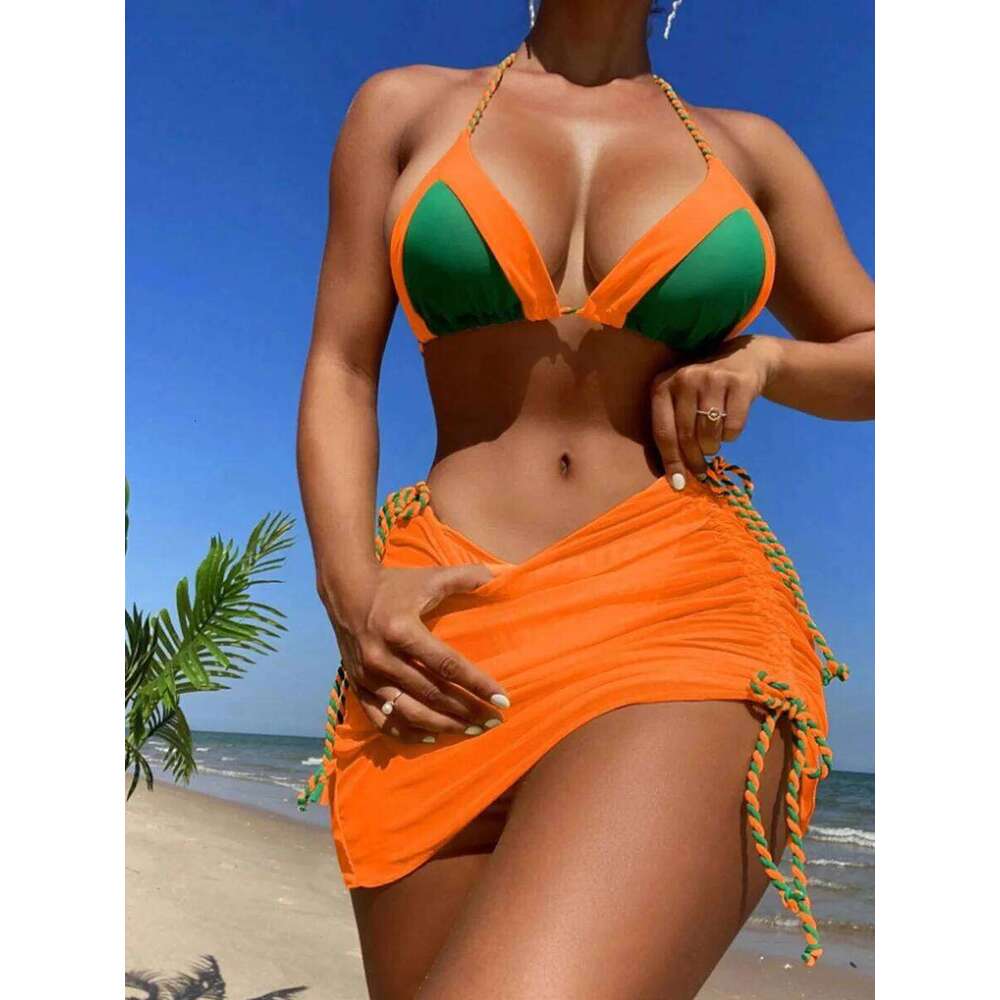 2025 Black Halter 3 Piece Bikini String Skirt Swimsuit Women Swimwear Female Bather Bathing Swimming Swim Suit Beachwear C260207