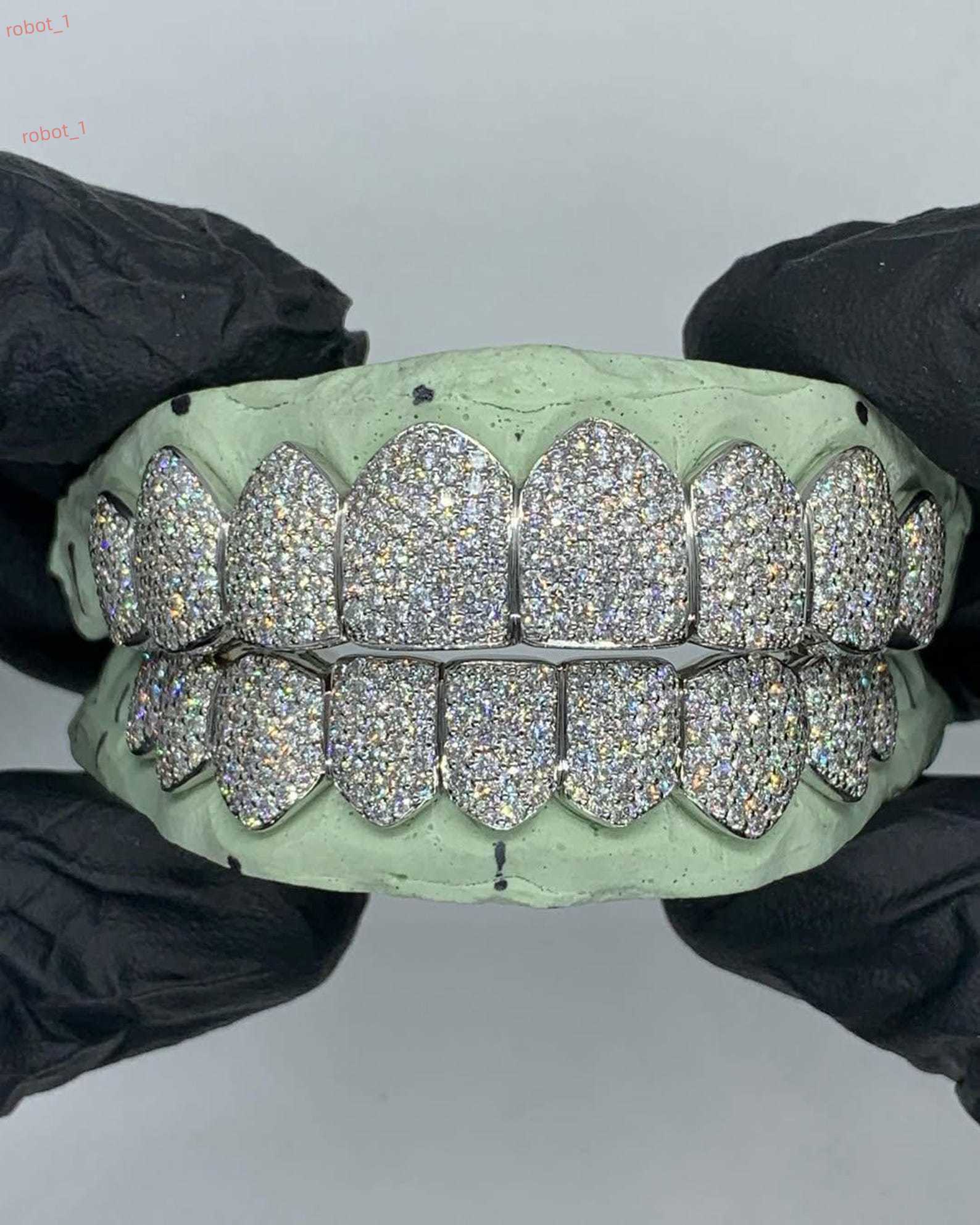 Silver Luxury Hip Hop Bling Fine Grillz for Men Women Fully Iced Out Top Bottom Teeth with VVS1 Simulated Diamonds Customized