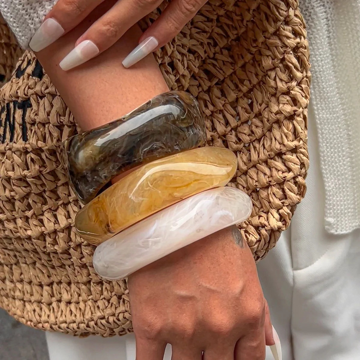 KMVEXO Vintage Chunky Coffee Thick Resin Acrylic Smudging Bangles Geometric Irregular Bangle Bracelets For Women Men Jewelry 260120