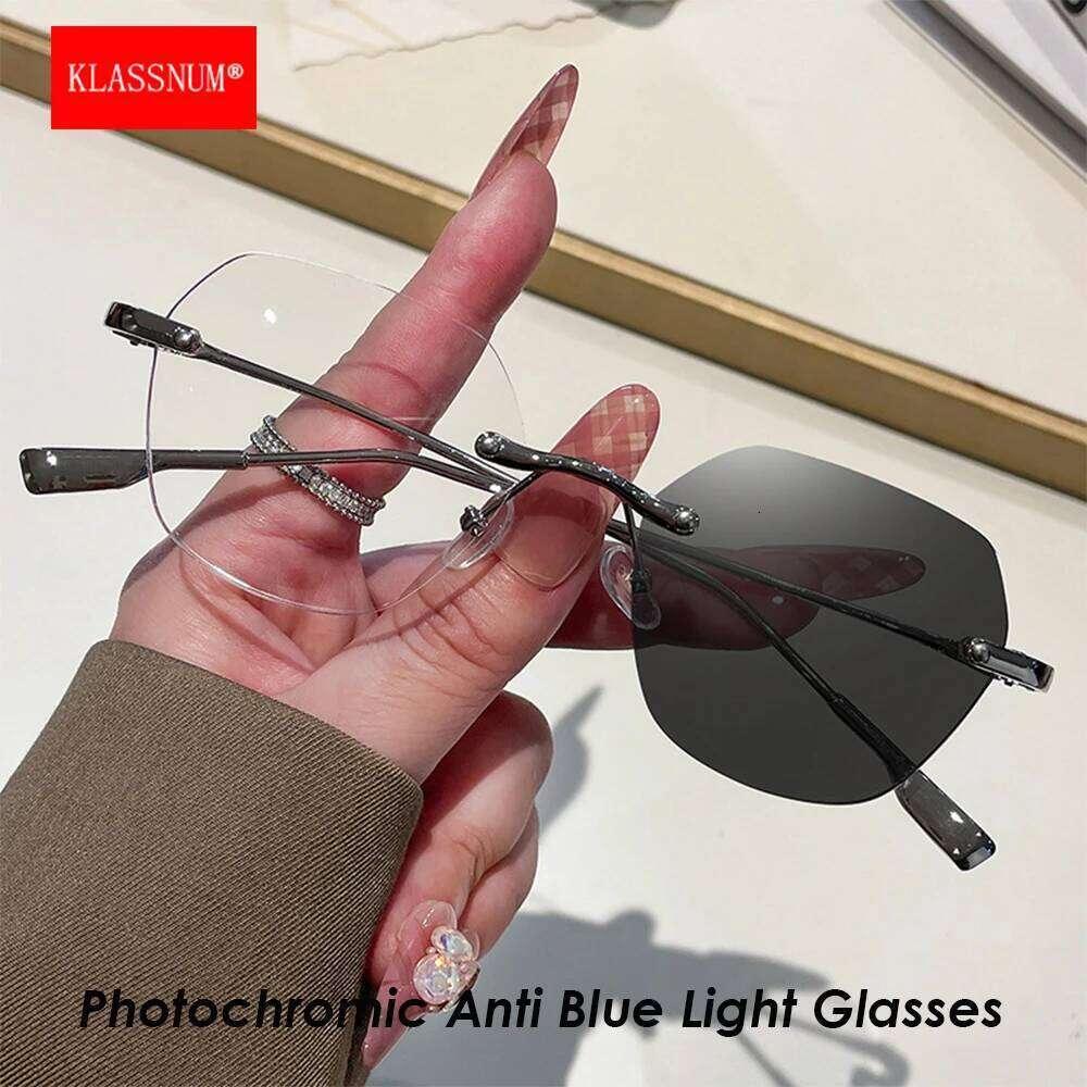KLASSNUM Photochromic Anti Blue Light Women Rimless Square Transparent Computer Glasses Men Color Change Sunglasses 2025 Y260207