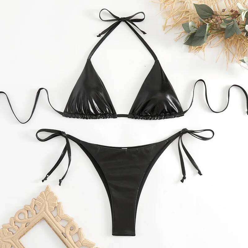 sexy metallic string halter micro mini bikini sets two pieces 2024 women thong swimsuit female bathing suit swimwear biquini C260207