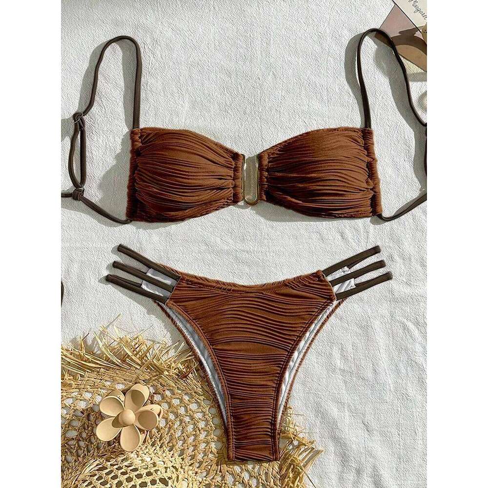 XS - L Wrinkled U Rings Bandeau Women Swimwear Female Swimsuit Two-pieces Bikini Set Bather Bathing Suit Swim Beachwear C260207