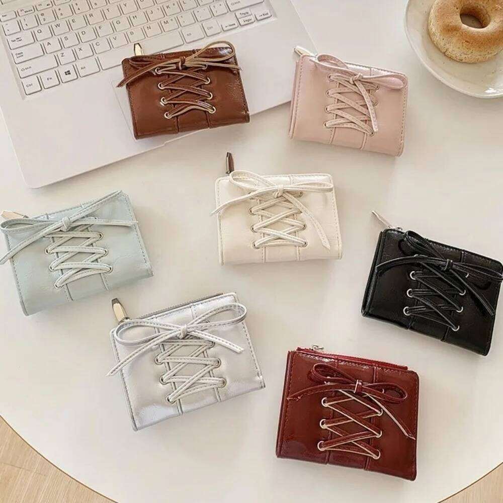 YK2 Strap Bow Women Short Wallets Card Holder Folding Zipper Purse Girl PU Leather Coin Pouch Casual Clutch Bag Y260206