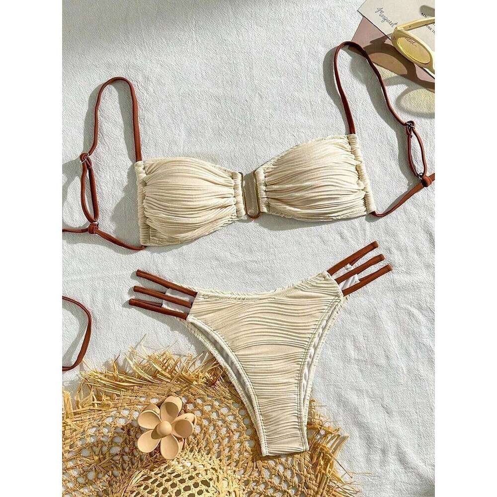 XS - L Wrinkled U Rings Bandeau Women Swimwear Female Swimsuit Two-pieces Bikini Set Bather Bathing Suit Swim Beachwear C260207