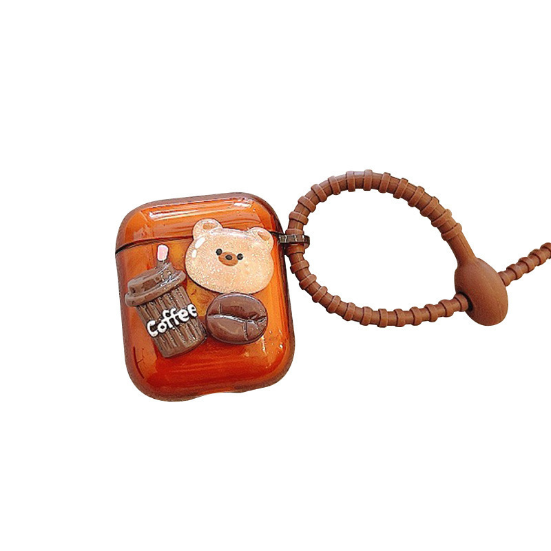 Vintage Coffee Bear Bluetooth Apple Earphone Case AirPods Protective Cover with Unique Lanyard and High-End Feel