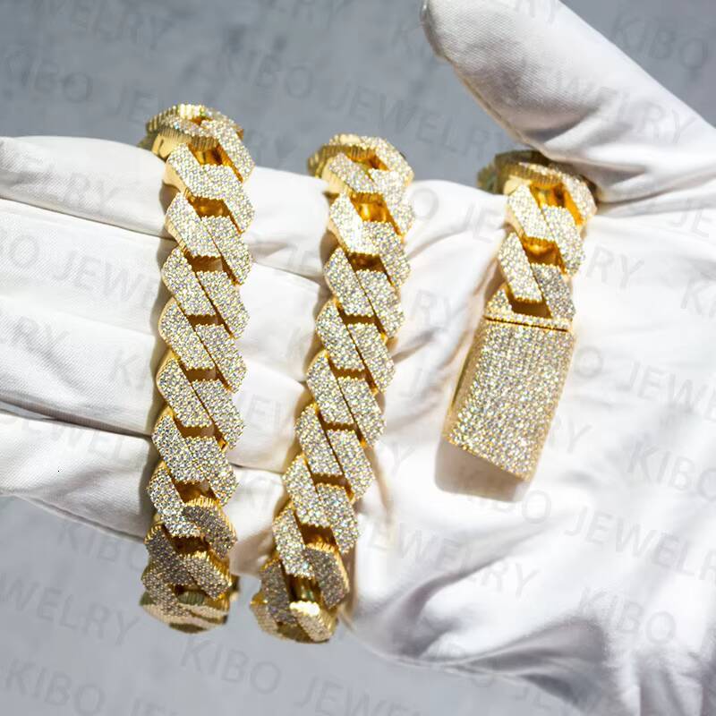 Thickness Rose Gold Yellow Gold Plated 15mm Iced Out Cuban Link Chain 925 Silver Cuban Moissanite Chain