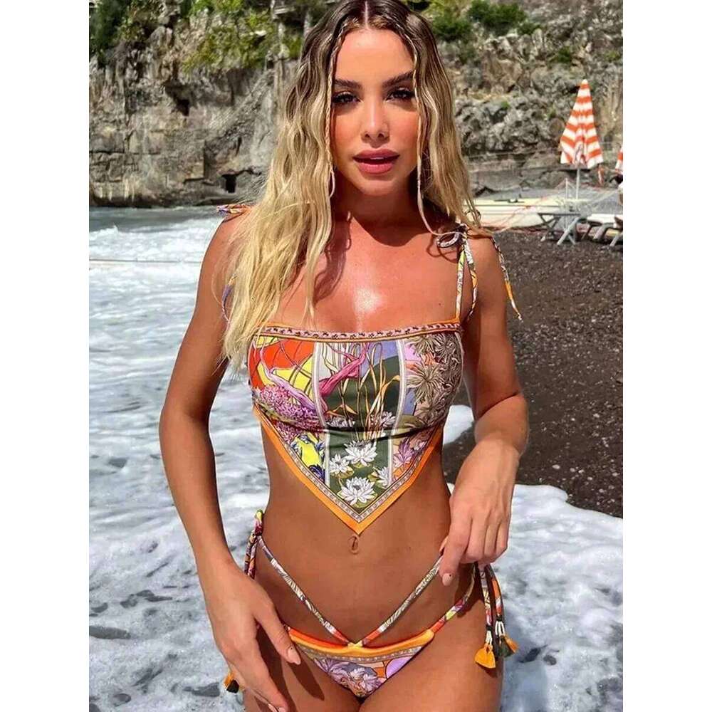 Printed Crop Top Women Bandeau Bikinis 2025 Swimwear Female Swimsuit Two-pieces Bikini Set Bathing Suit Swim Beach Wear C260207