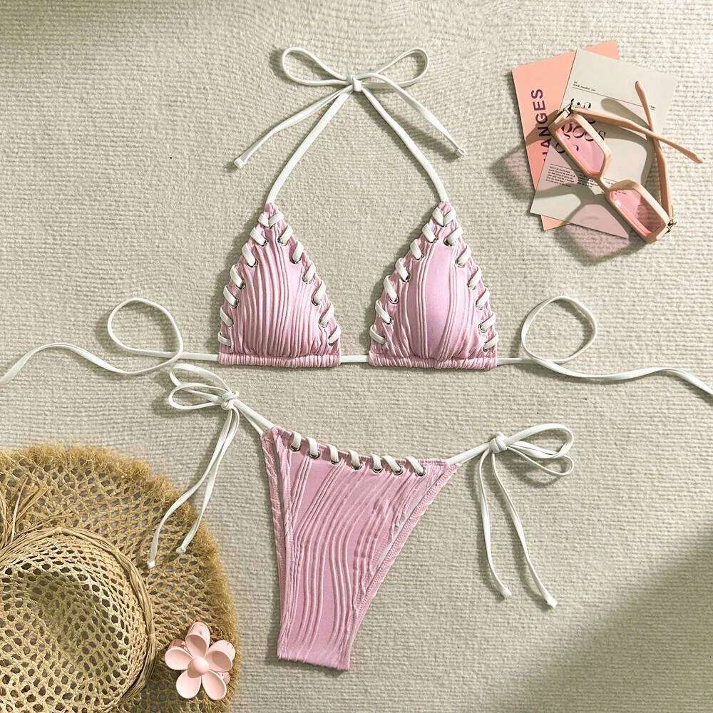 Bikinis Women Swimsuit Sexy Halter Triangle Lace Up Thong Micro Bikini Set Summer New Beachwear 2 Piece Bathing Suit C260207