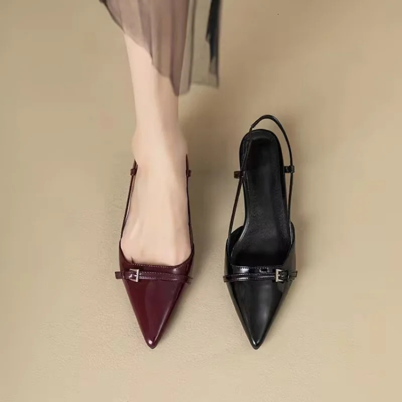 2025 French Pointed Sandals Burgundy Patent Crisscross Straps Metal Decor Slim Heel Open-Back Fairy Sandals 260202