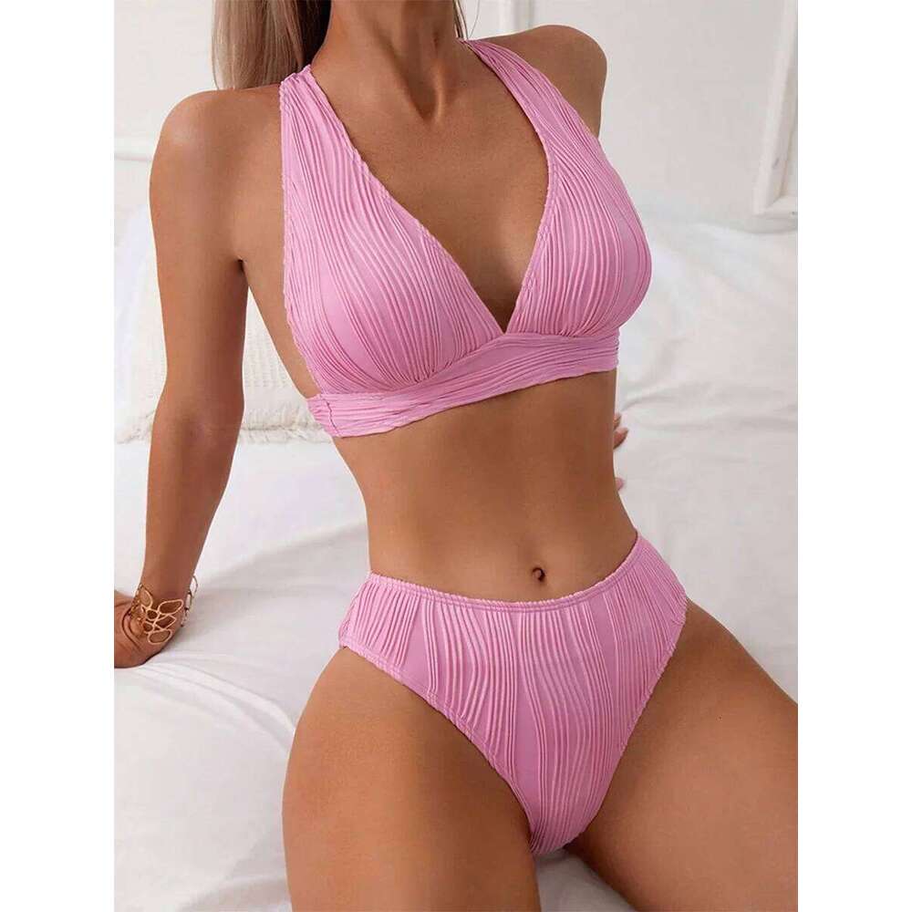 2025 Wrinkled Crinkled Women Swimwear Female Swimsuit Two-pieces Bikini Set High Cut Bathing Suit Swim Beach Wear Lady C260207