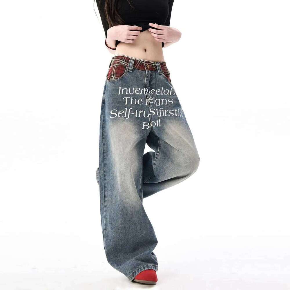 New retro plaid splicing waistband jeans fashionable street letter print loose wide pants for men and women