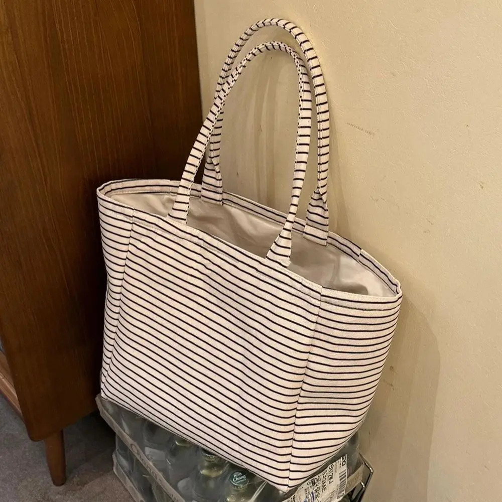 Womens White Large Capacity Stripe Tote Bag Summer Versatile Casual Crossbody Underarm Bag for Everyday Use Students Bookbags 260123