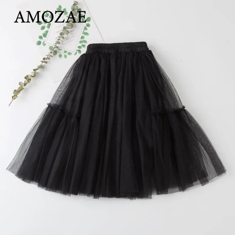 Girls Skirts Cotton Lace Tutu Pleated Skirt Black Pink Gray Puff Princess Long Childrens Clothing 4 6 8 10 12Y 260207